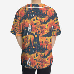 Cat And Castle Silhouette Orange Halloween Baseball Jersey - HYPERFAVOR