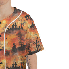 Cat Graveyard Orange Halloween Pattern Baseball Jersey - HYPERFAVOR