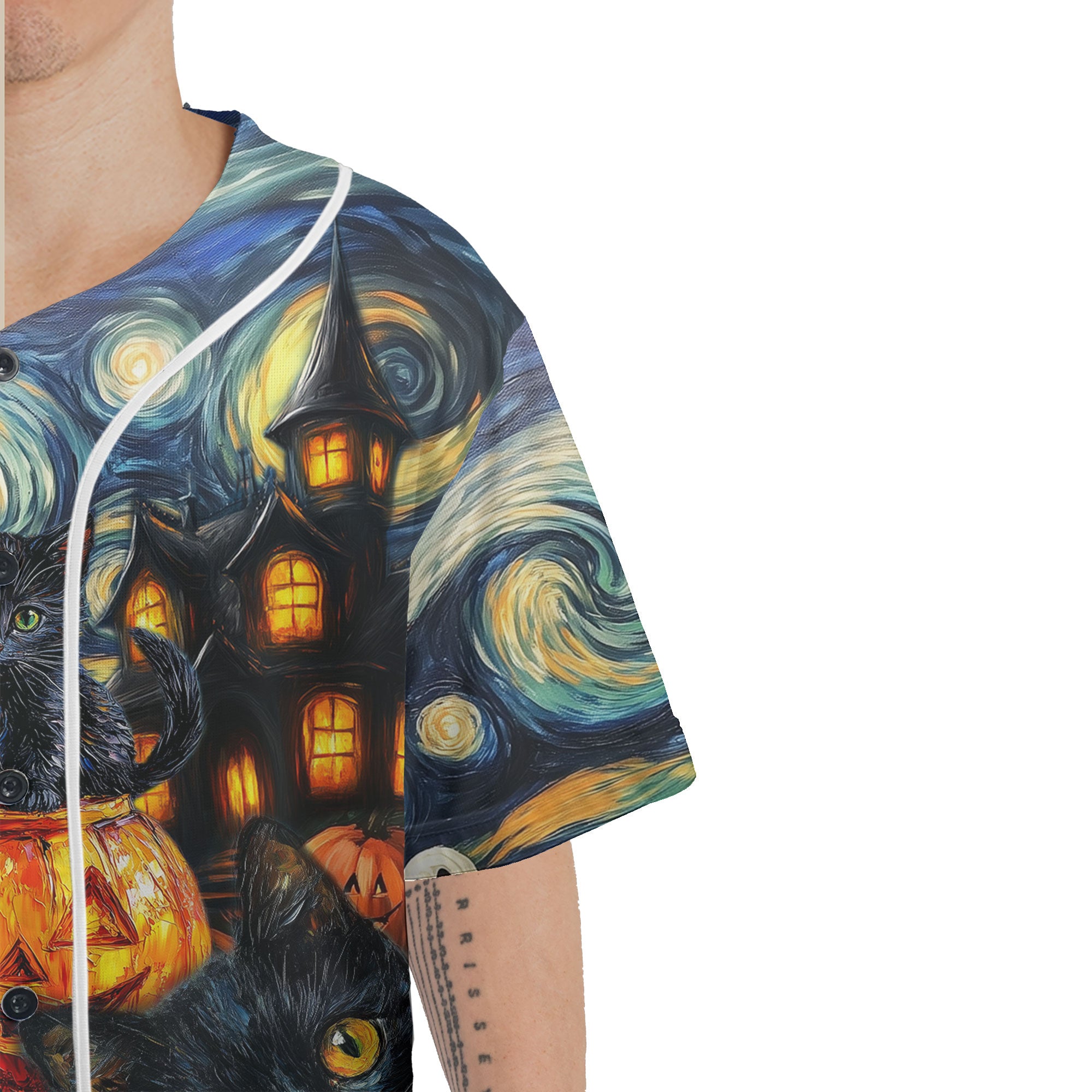 Black Cat Halloween Style Van Gogh Baseball Jersey - HYPERFAVOR