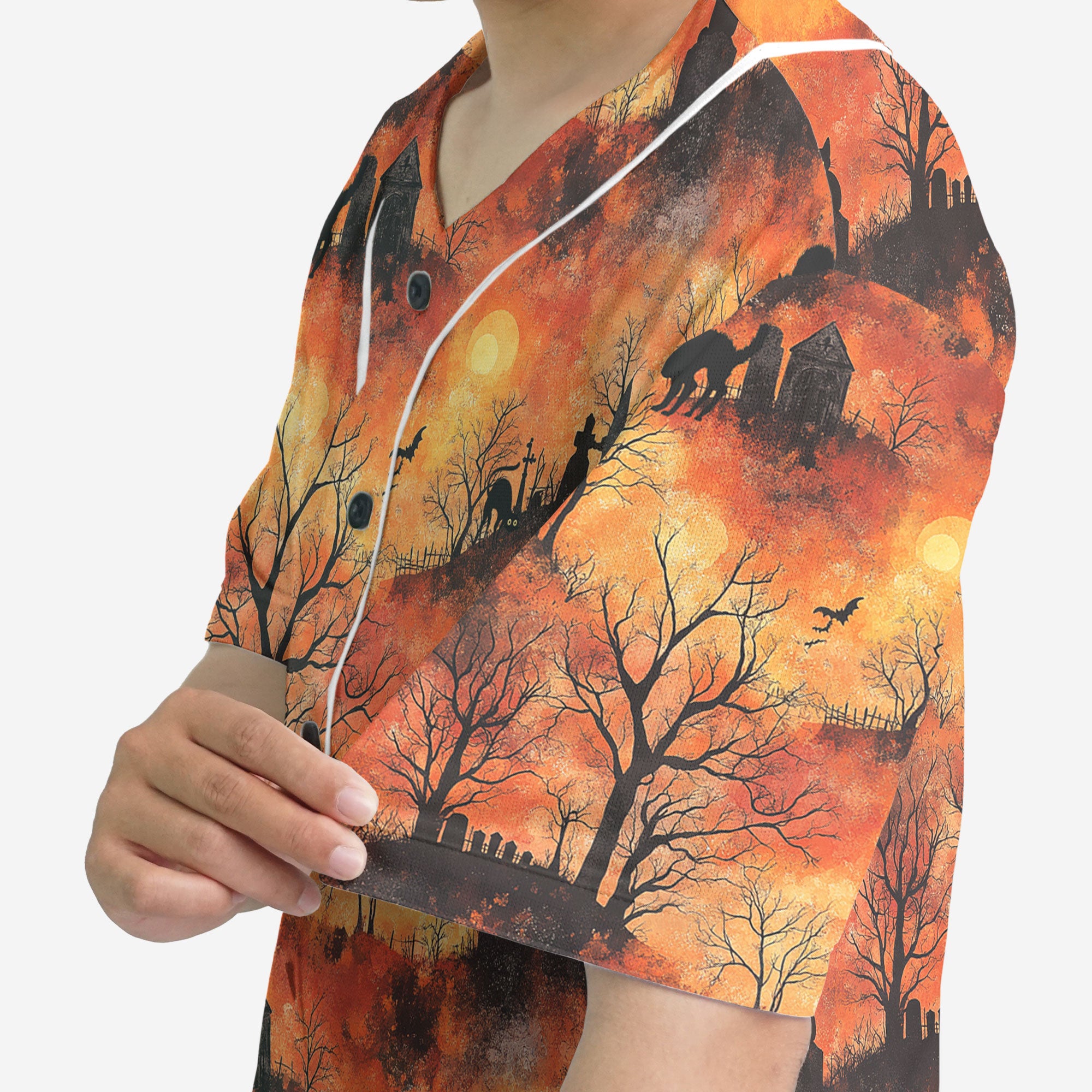 Cat Graveyard Orange Halloween Pattern Baseball Jersey - HYPERFAVOR