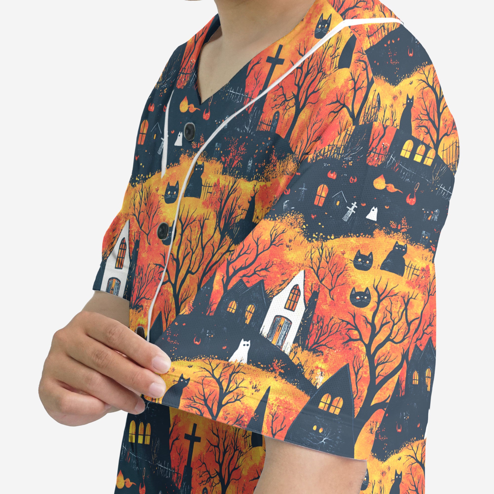 Cat And Castle Silhouette Orange Halloween Baseball Jersey - HYPERFAVOR