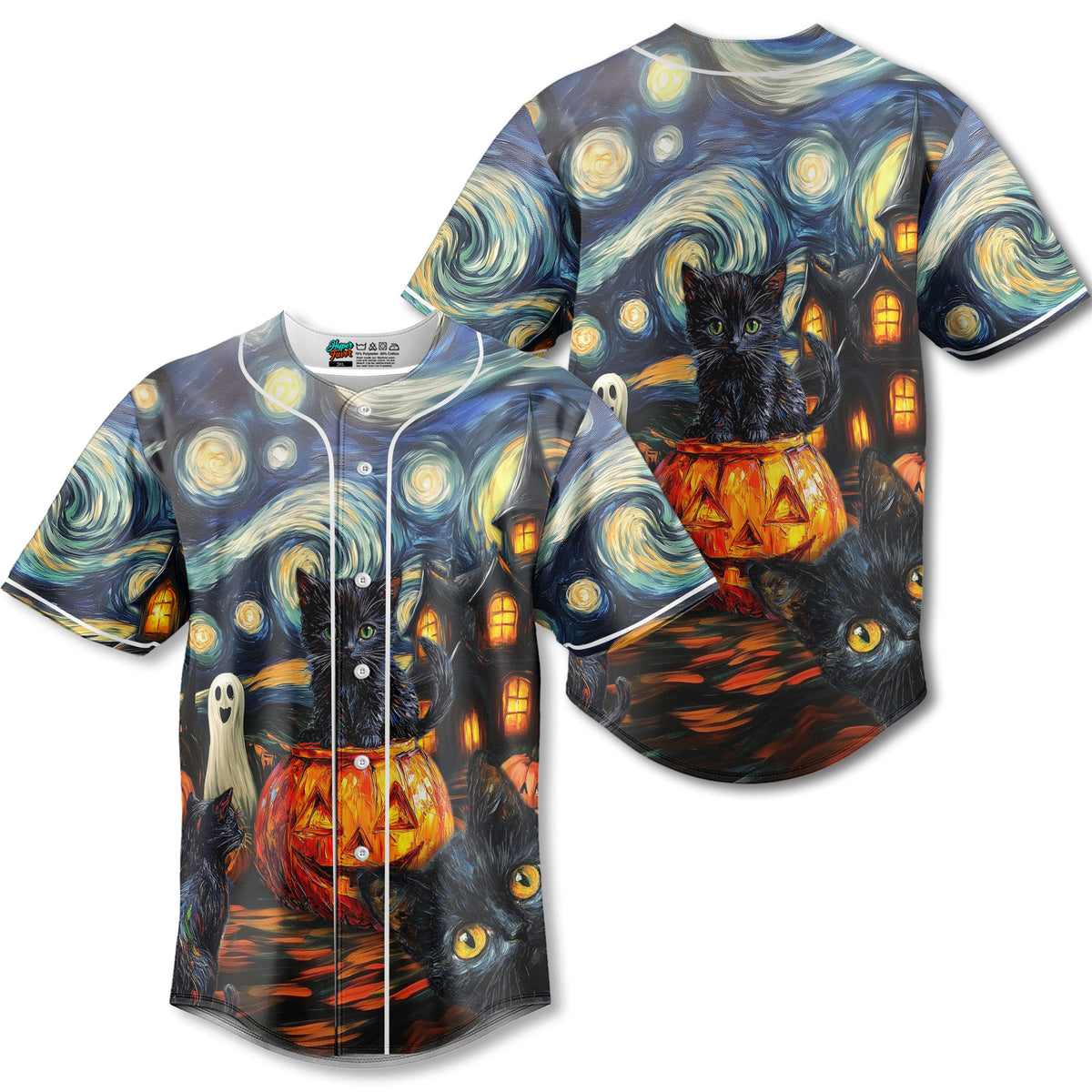 Black Cat Halloween Style Van Gogh Baseball Jersey - HYPERFAVOR