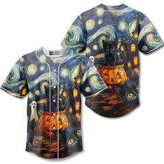 Black Cat Halloween Style Van Gogh Baseball Jersey - HYPERFAVOR