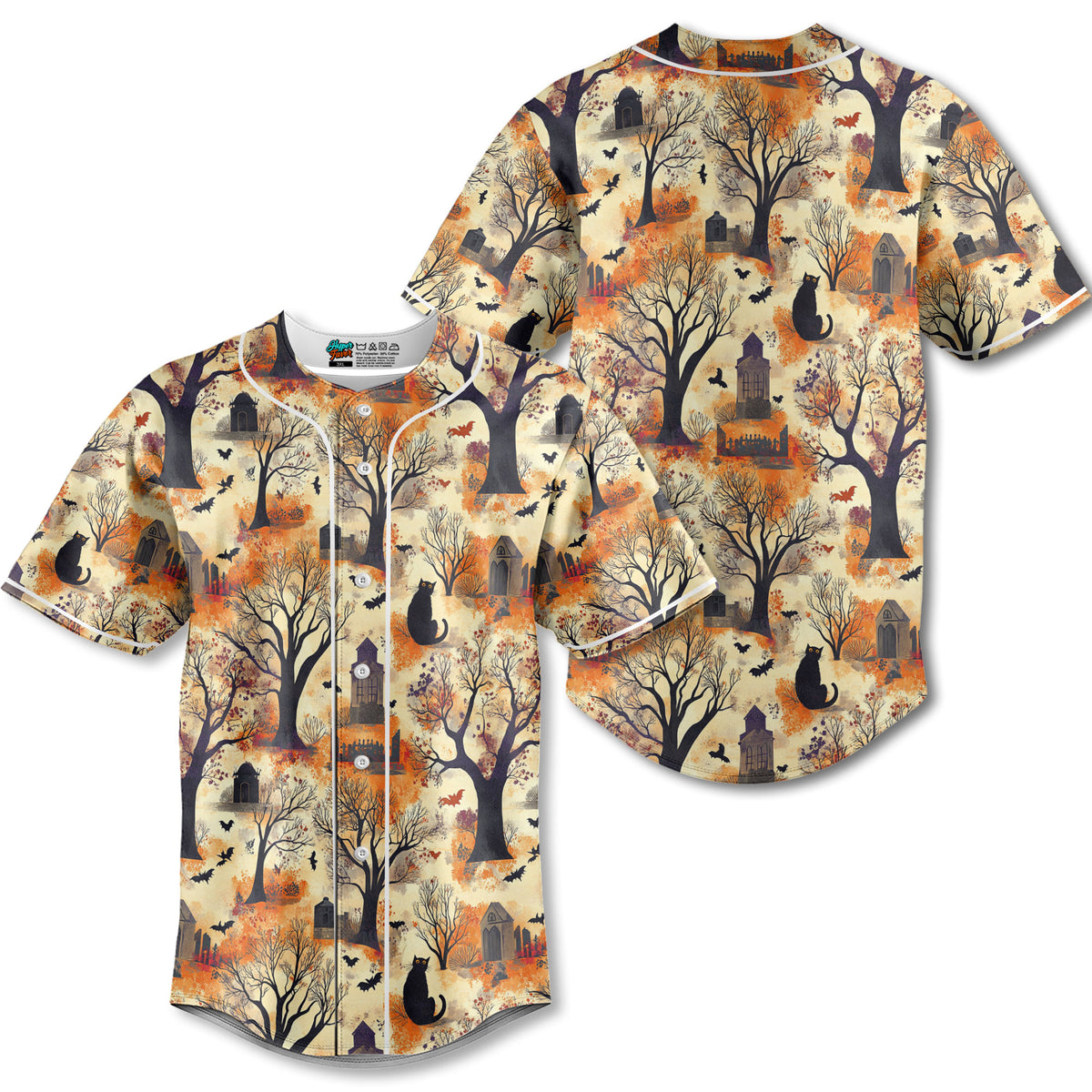 Cat And Graveyard Halloween Pattern Baseball Jersey - HYPERFAVOR