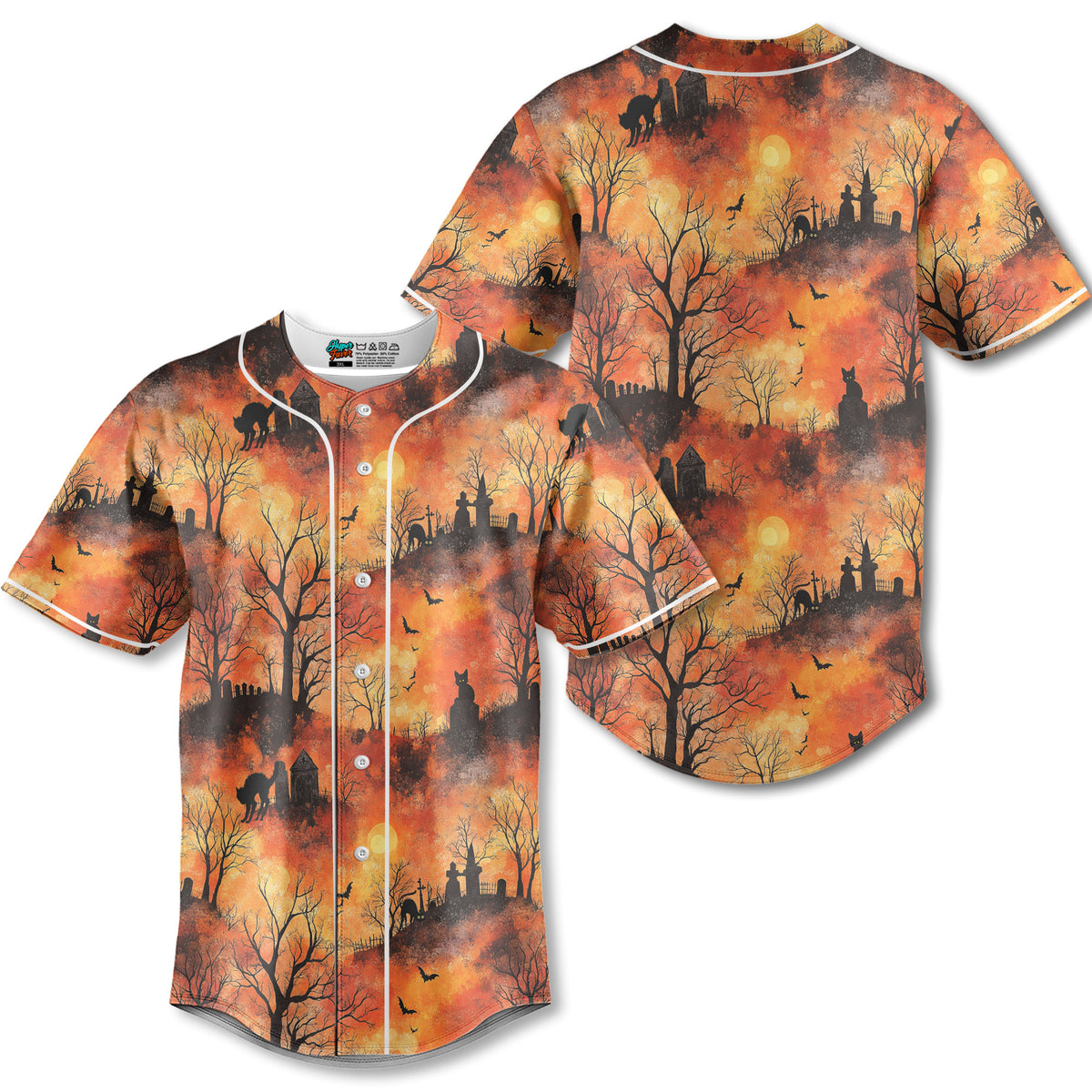 Cat Graveyard Orange Halloween Pattern Baseball Jersey - HYPERFAVOR