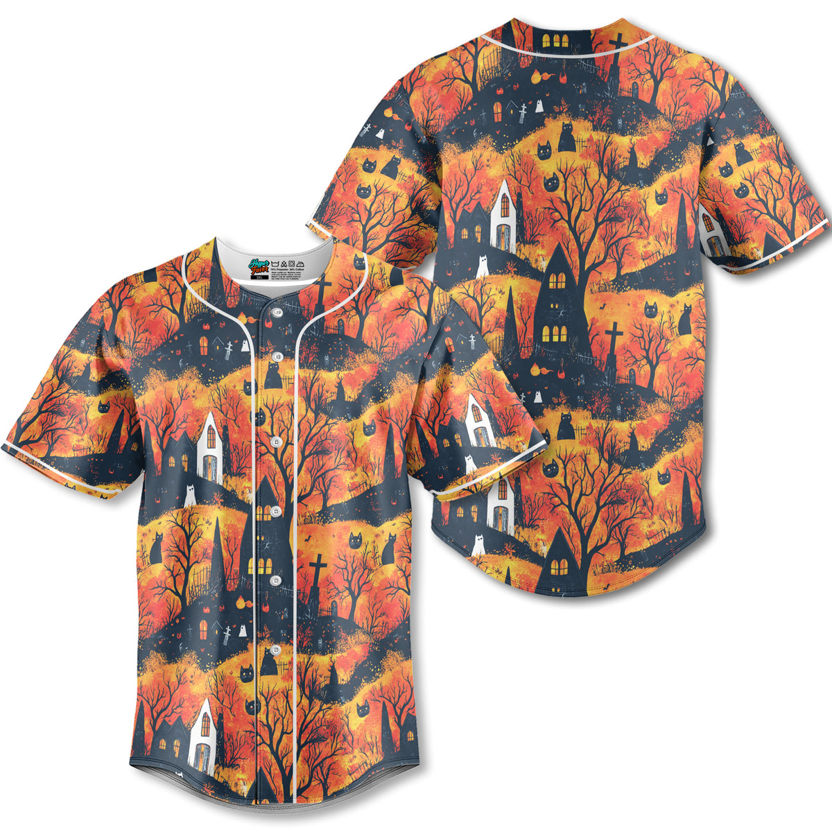 Cat And Castle Silhouette Orange Halloween Baseball Jersey - HYPERFAVOR