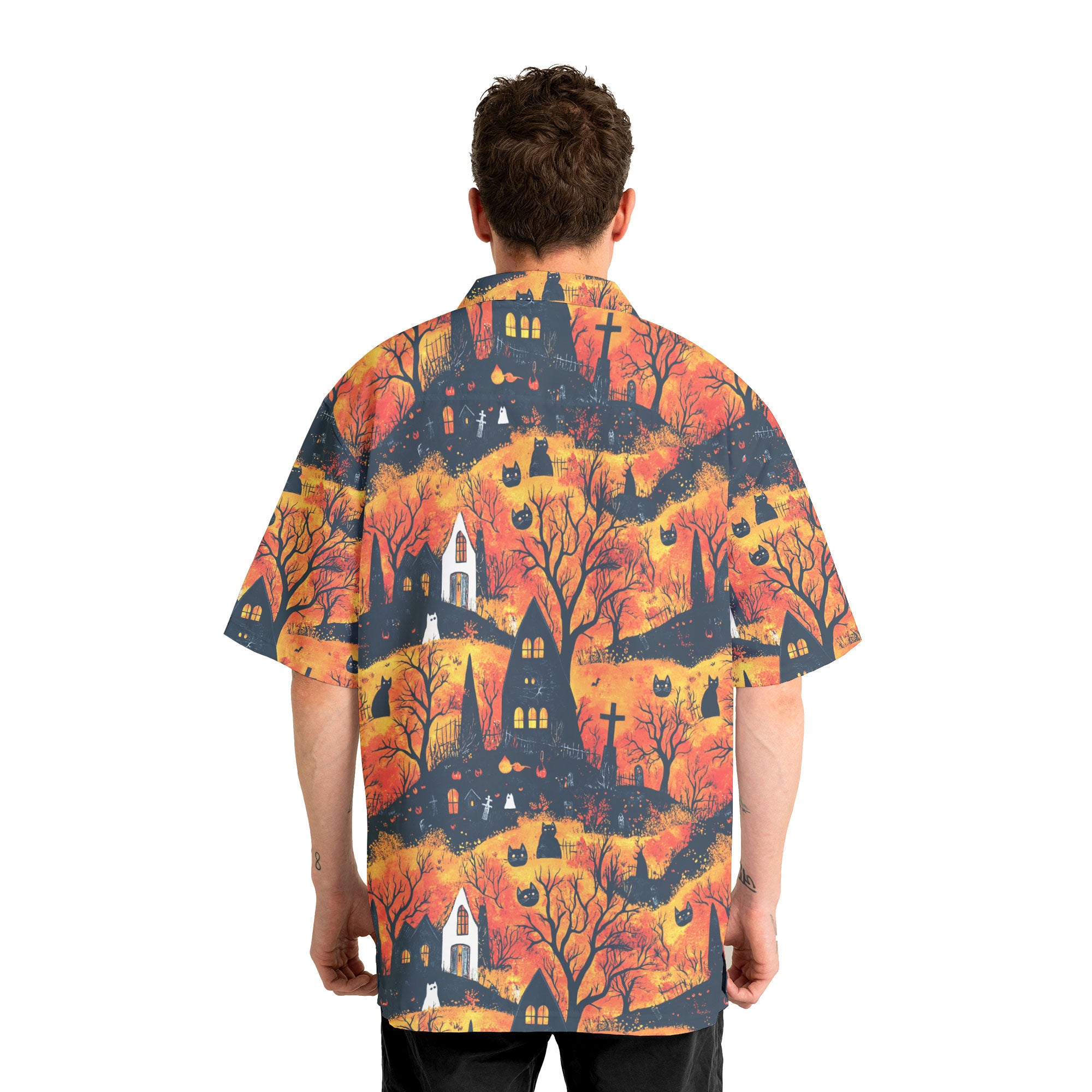 Cat And Castle Silhouette Orange Halloween Hawaiian Shirt - HYPERFAVOR