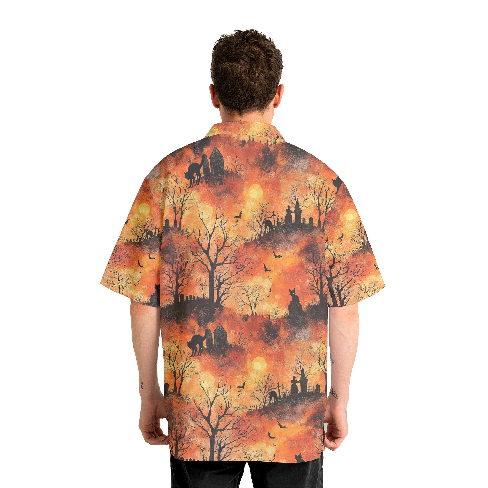 Cat Graveyard Orange Halloween Pattern Hawaiian Shirt - HYPERFAVOR