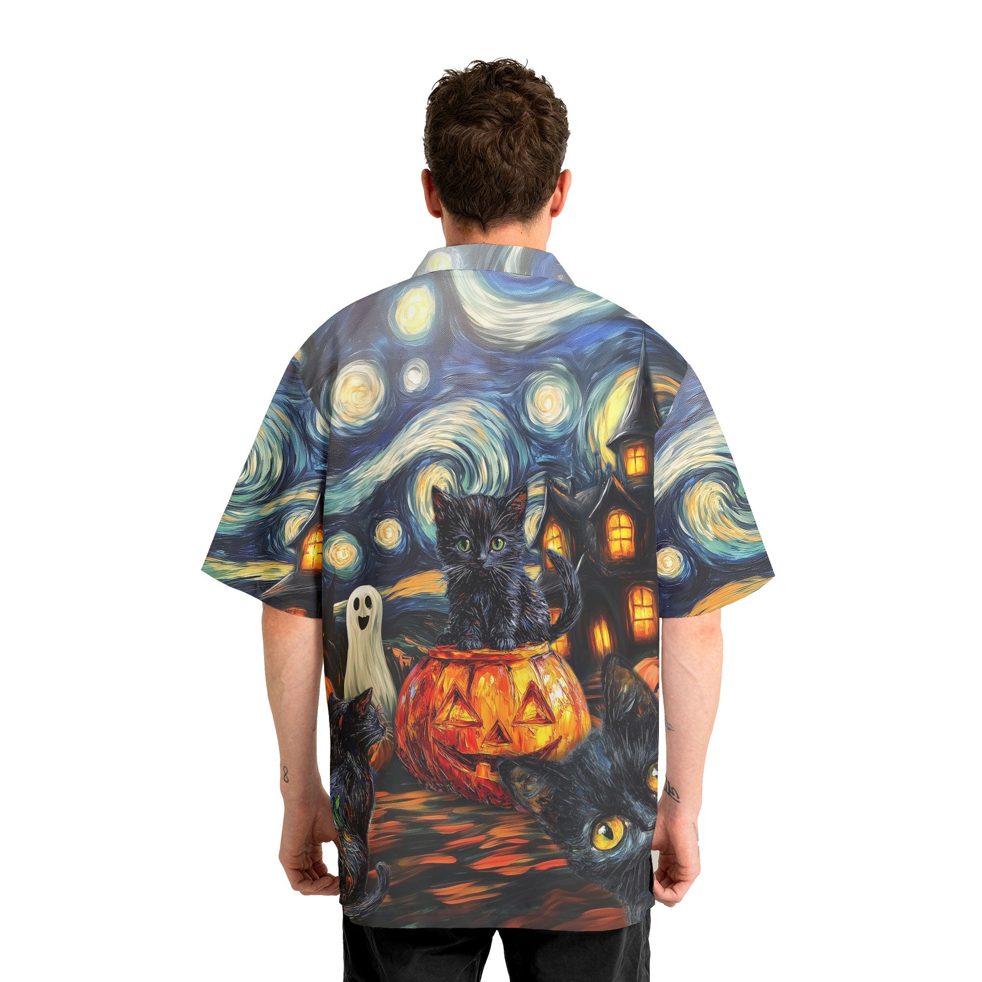 Black Cat Halloween Style Van Gogh Hawaiian Shirt - HYPERFAVOR