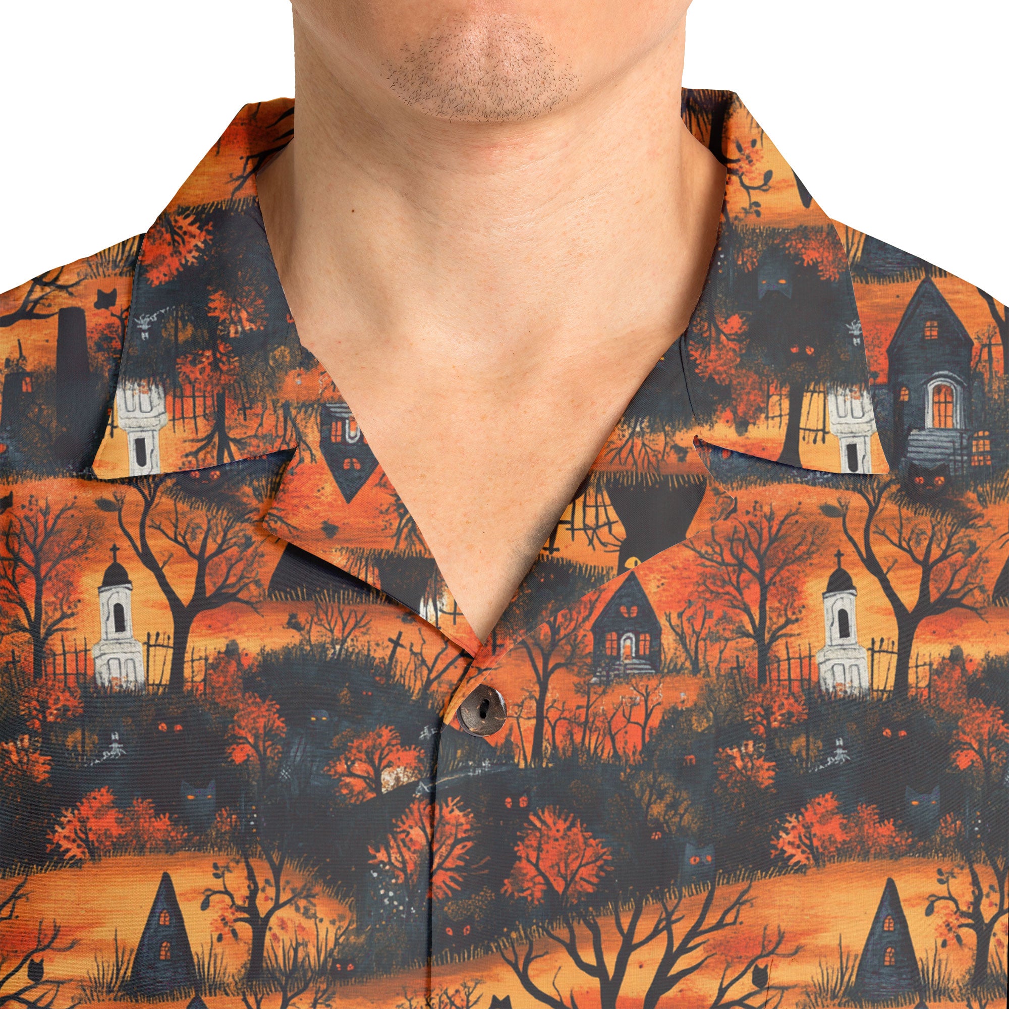 Cat & Castle Silhouette Halloween Pattern Hawaiian Shirt - HYPERFAVOR