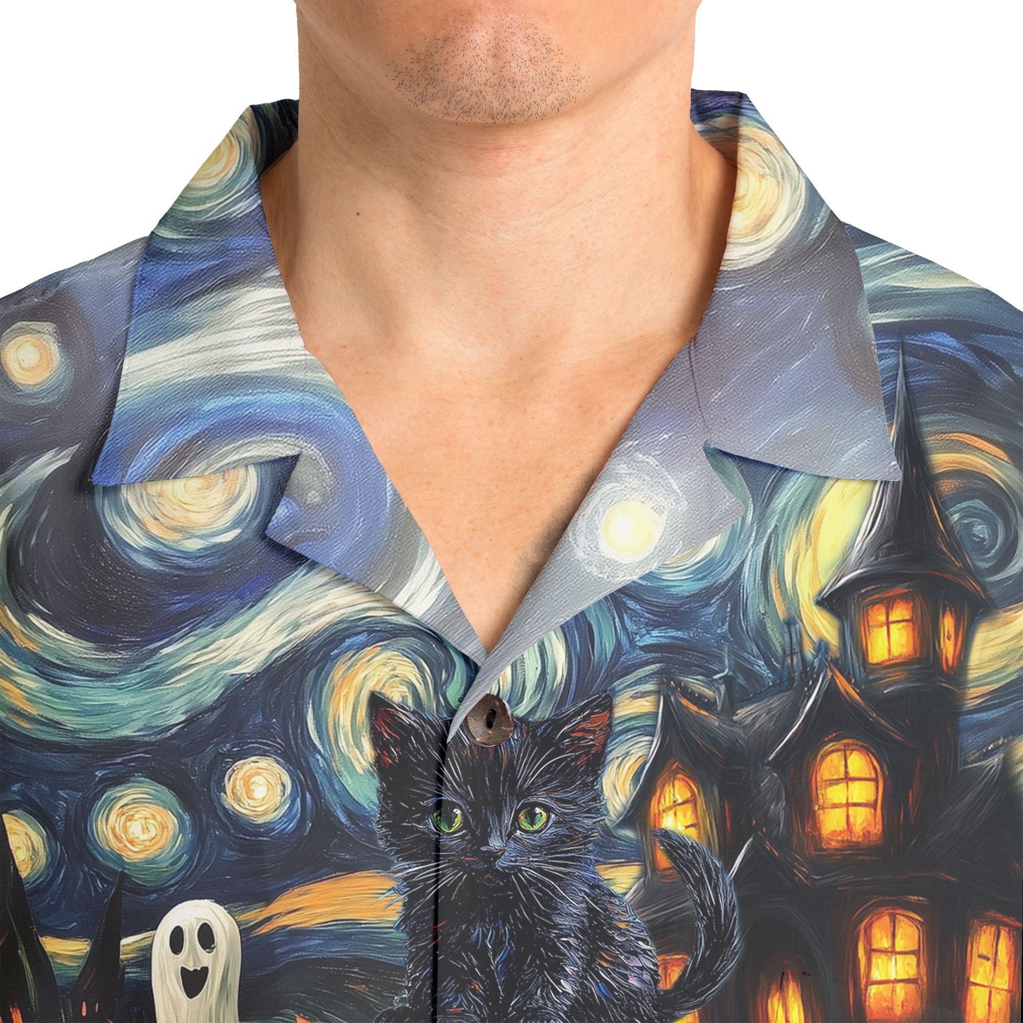 Black Cat Halloween Style Van Gogh Hawaiian Shirt - HYPERFAVOR