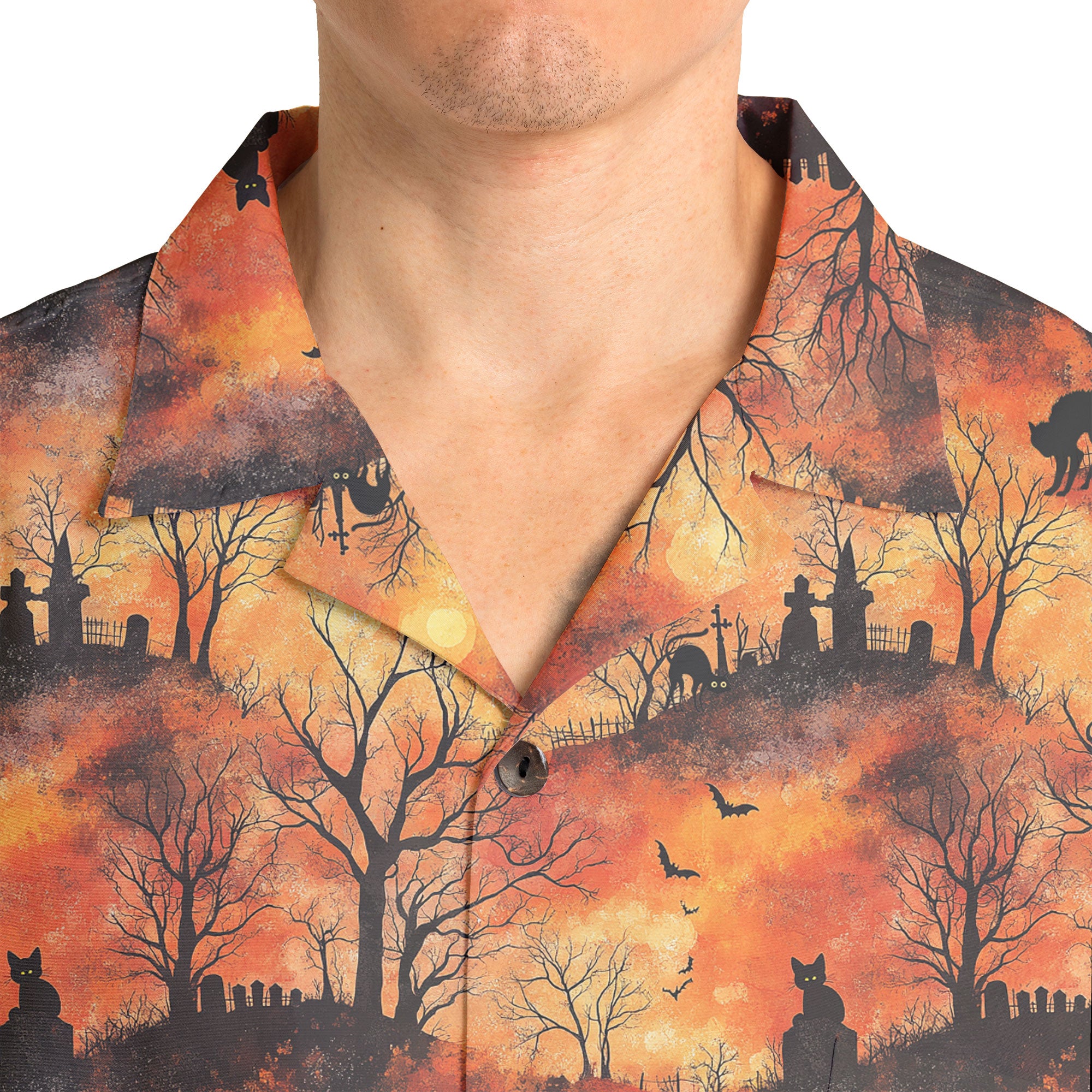 Cat Graveyard Orange Halloween Pattern Hawaiian Shirt - HYPERFAVOR