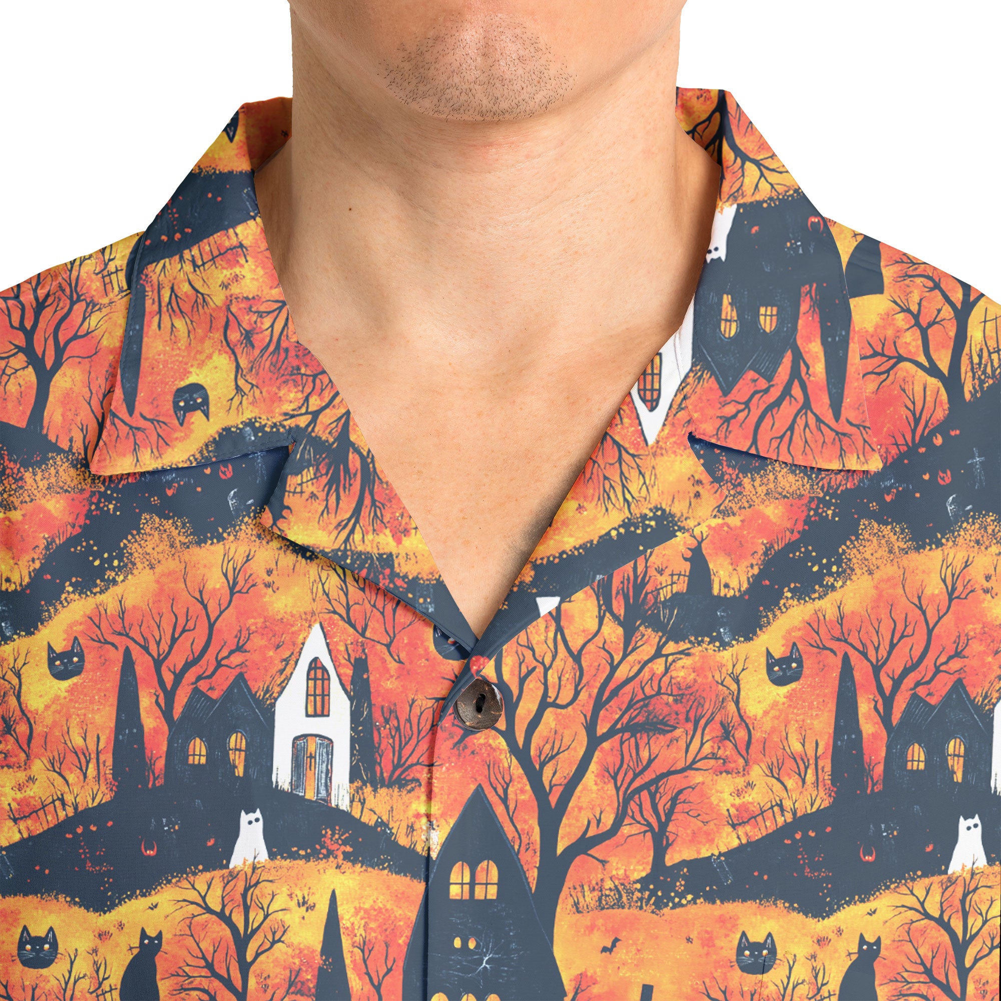 Cat And Castle Silhouette Orange Halloween Hawaiian Shirt - HYPERFAVOR