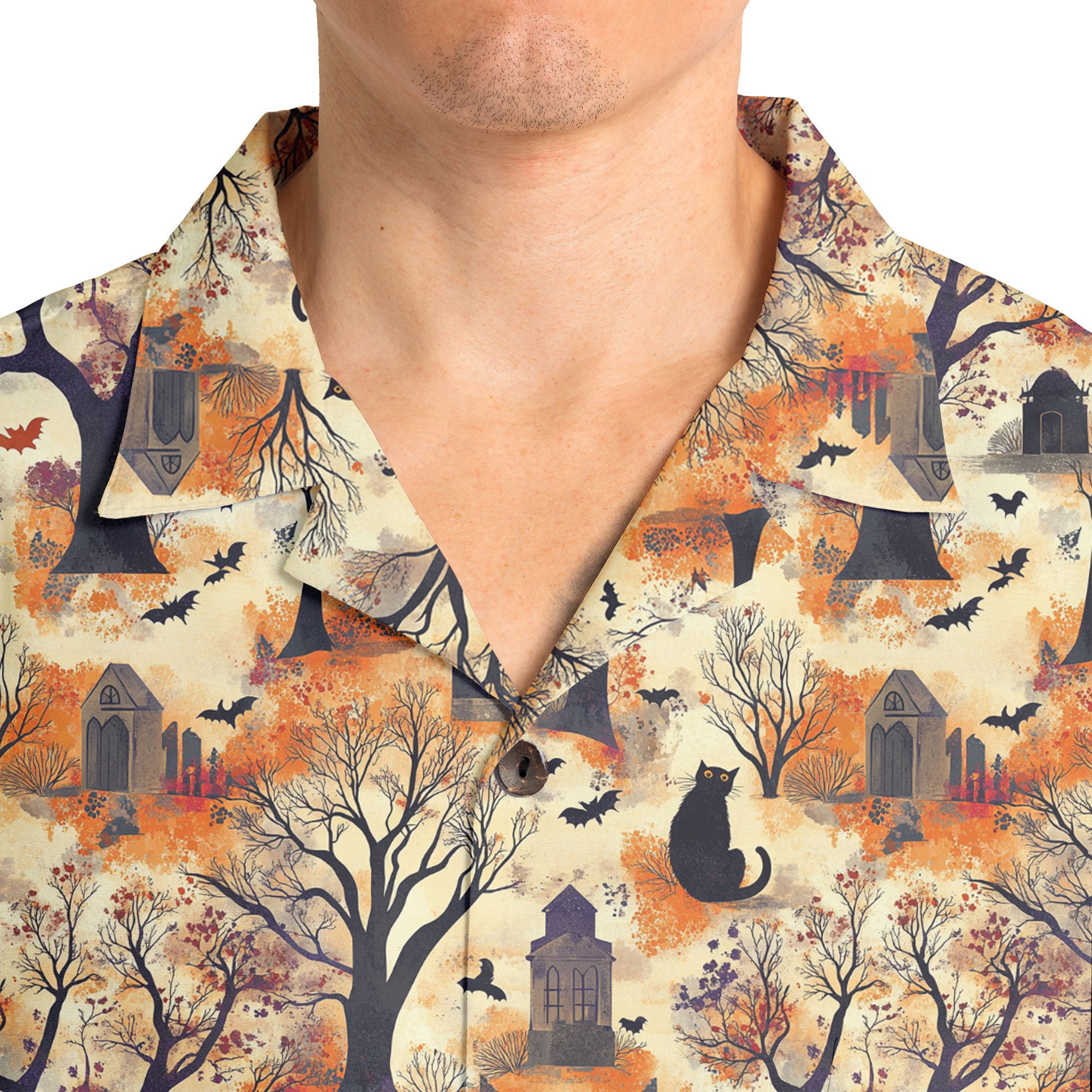 Cat And Graveyard Halloween Pattern Hawaiian Shirt - HYPERFAVOR