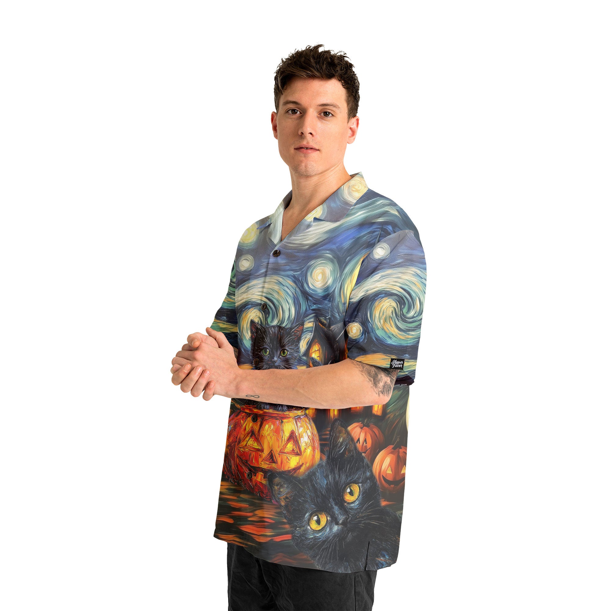 Black Cat Halloween Style Van Gogh Hawaiian Shirt - HYPERFAVOR