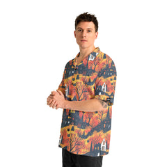 Cat And Castle Silhouette Orange Halloween Hawaiian Shirt - HYPERFAVOR