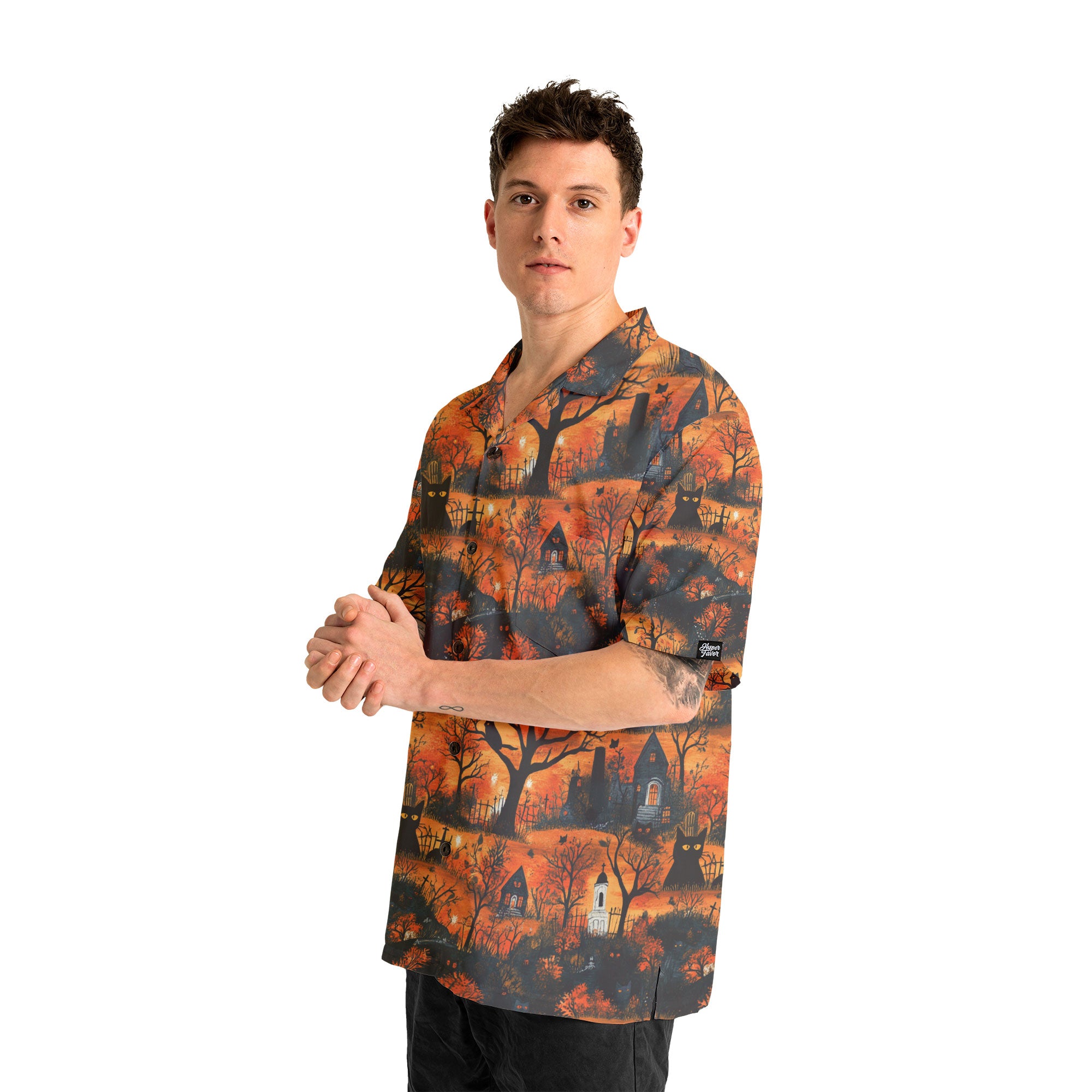 Cat & Castle Silhouette Halloween Pattern Hawaiian Shirt - HYPERFAVOR