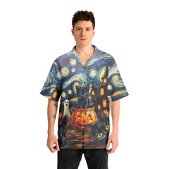 Black Cat Halloween Style Van Gogh Hawaiian Shirt - HYPERFAVOR