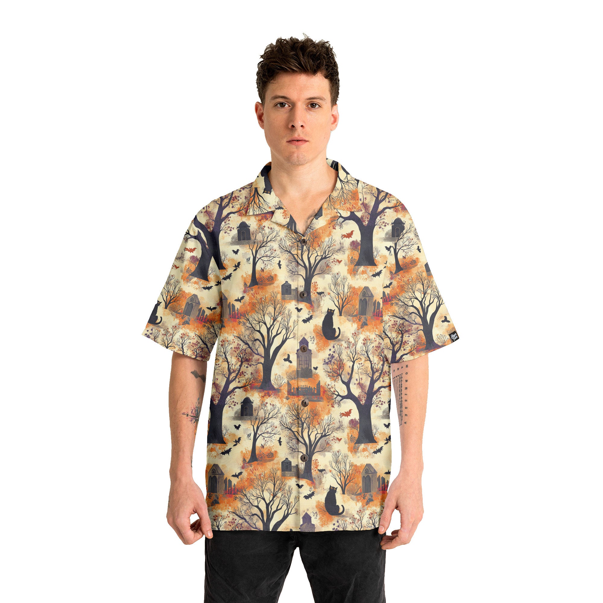 Cat And Graveyard Halloween Pattern Hawaiian Shirt - HYPERFAVOR