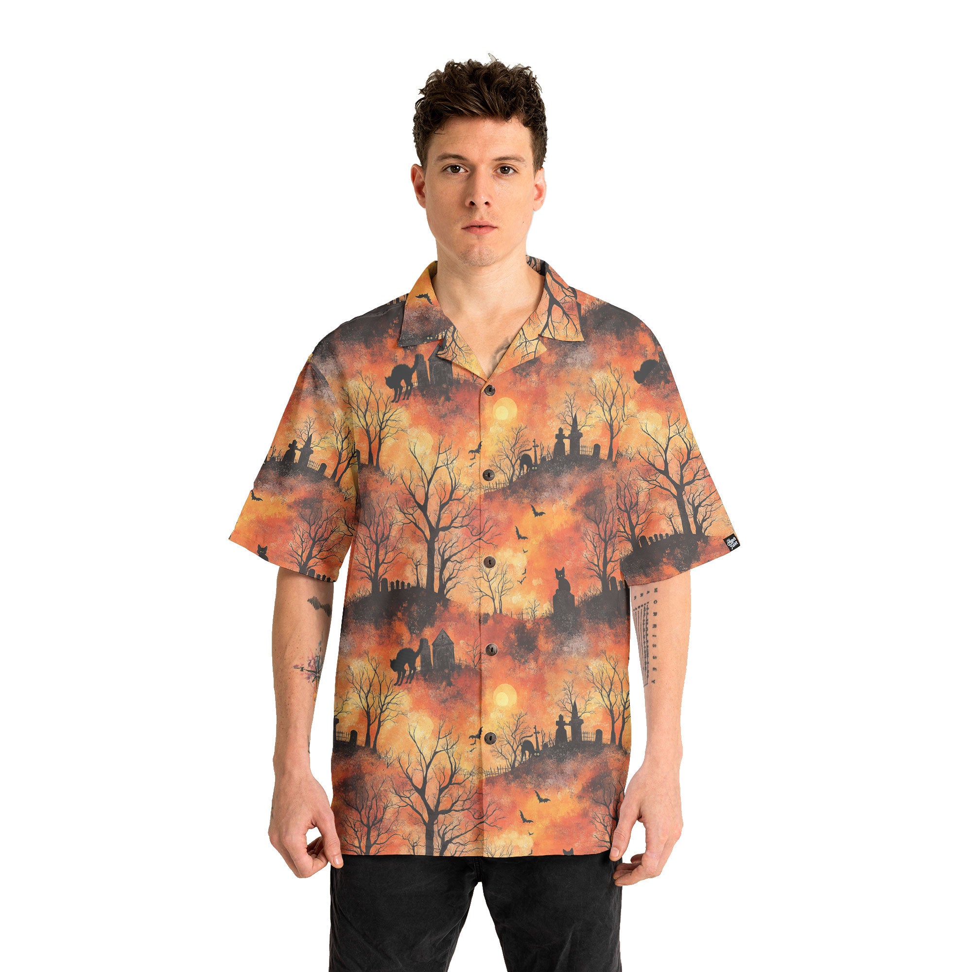 Cat Graveyard Orange Halloween Pattern Hawaiian Shirt - HYPERFAVOR