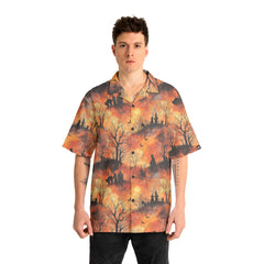 Cat Graveyard Orange Halloween Pattern Hawaiian Shirt - HYPERFAVOR