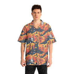 Cat And Castle Silhouette Orange Halloween Hawaiian Shirt - HYPERFAVOR