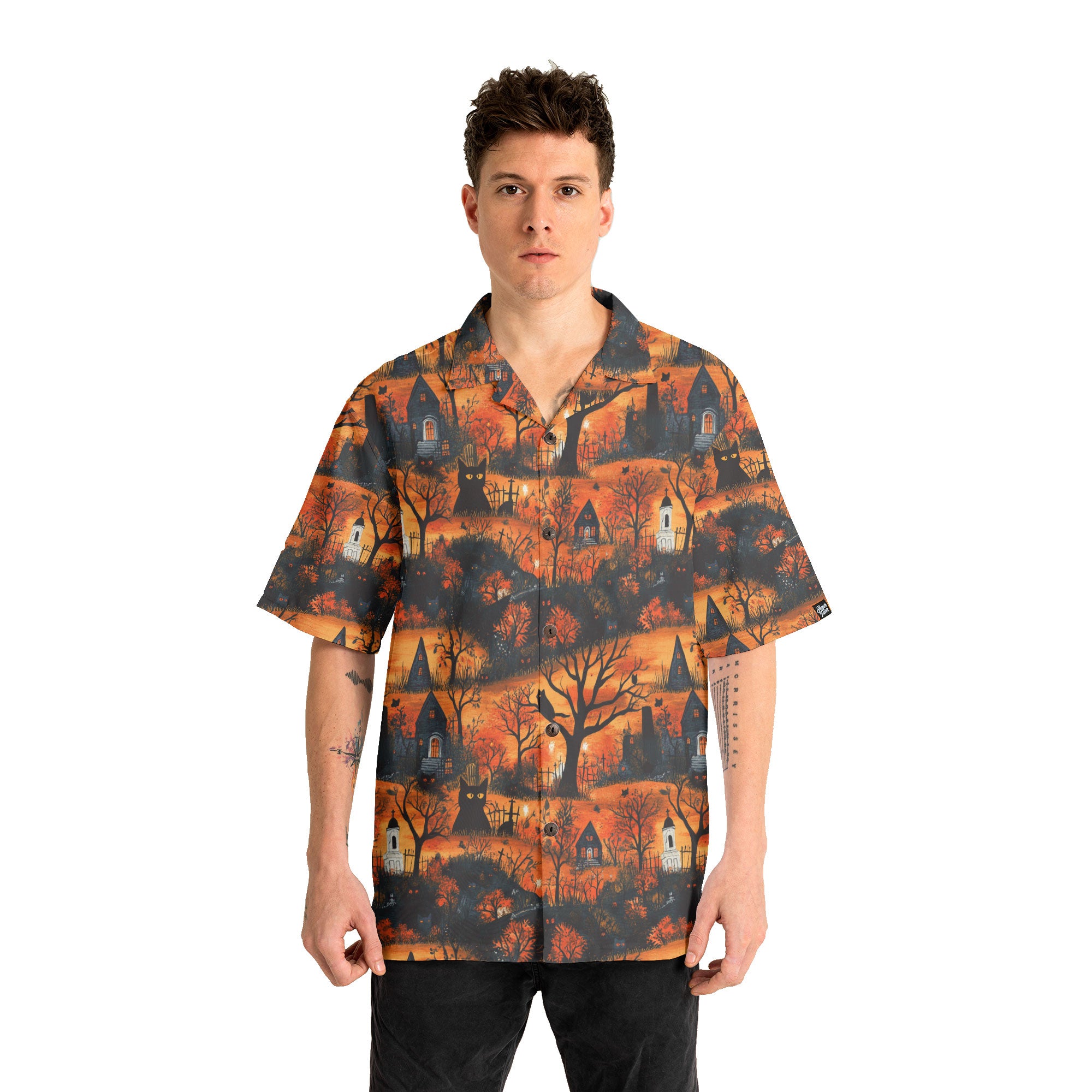 Cat & Castle Silhouette Halloween Pattern Hawaiian Shirt - HYPERFAVOR