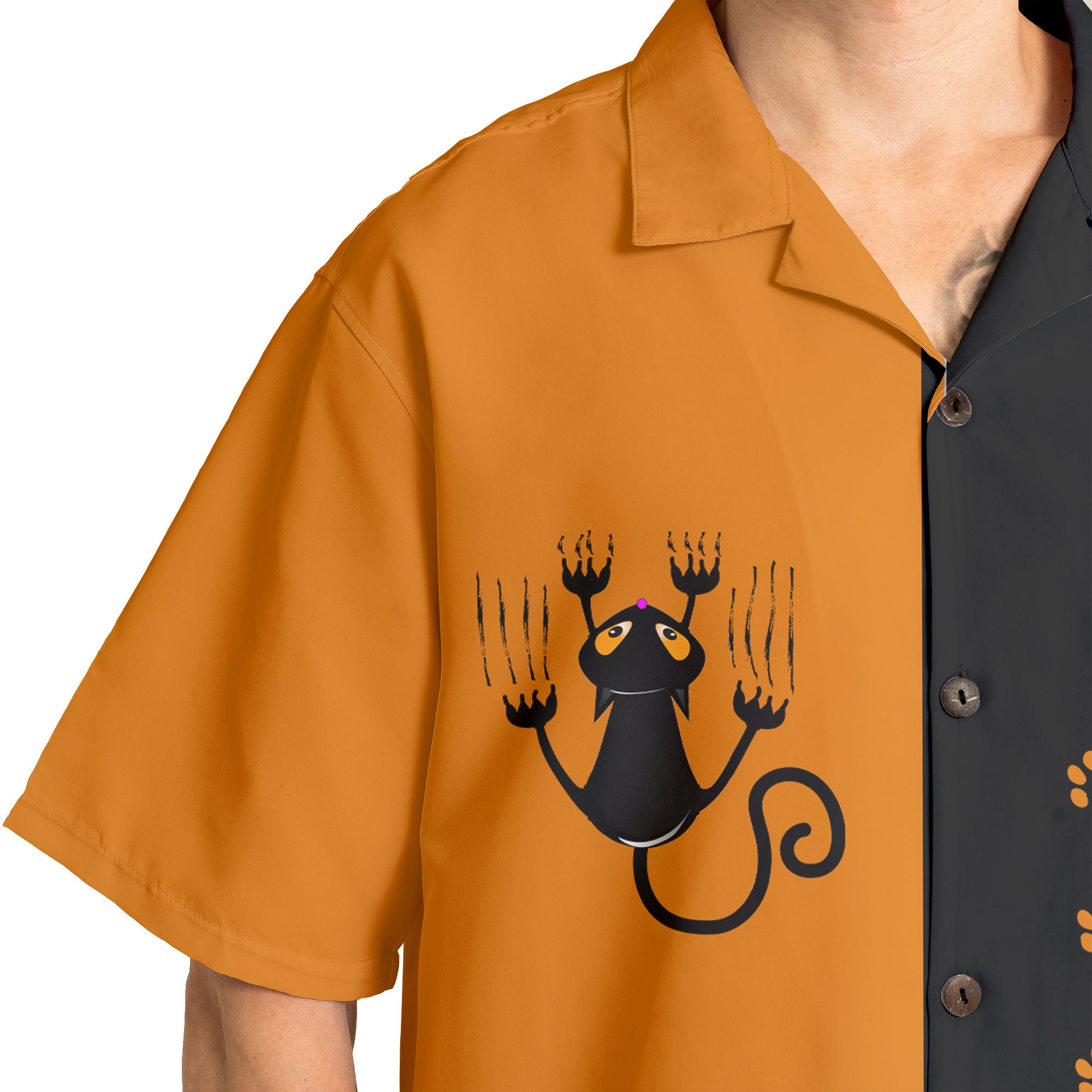 Naughty Cat Pawing Orange Halloween Hawaiian Shirt - HYPERFAVOR