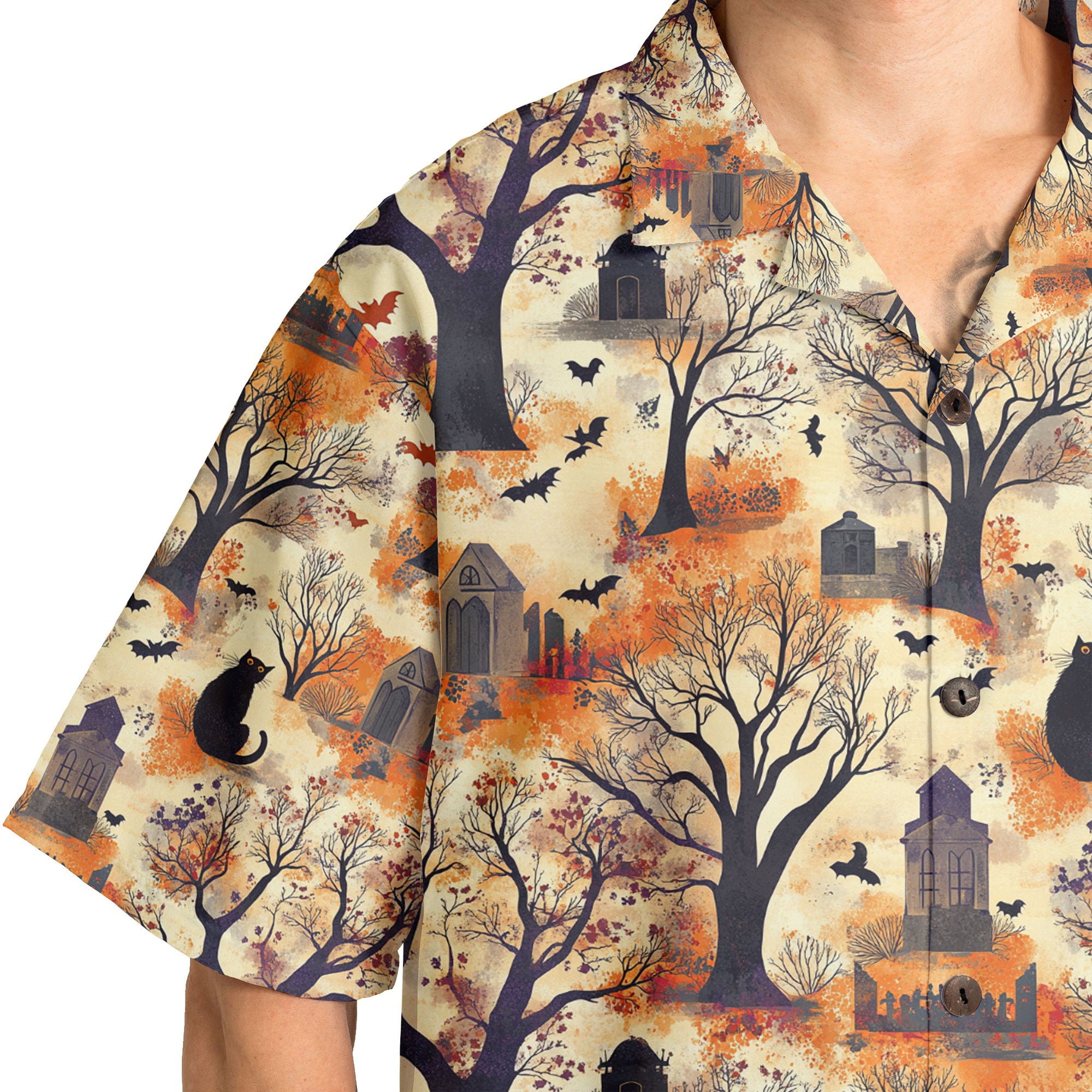 Cat And Graveyard Halloween Pattern Hawaiian Shirt - HYPERFAVOR