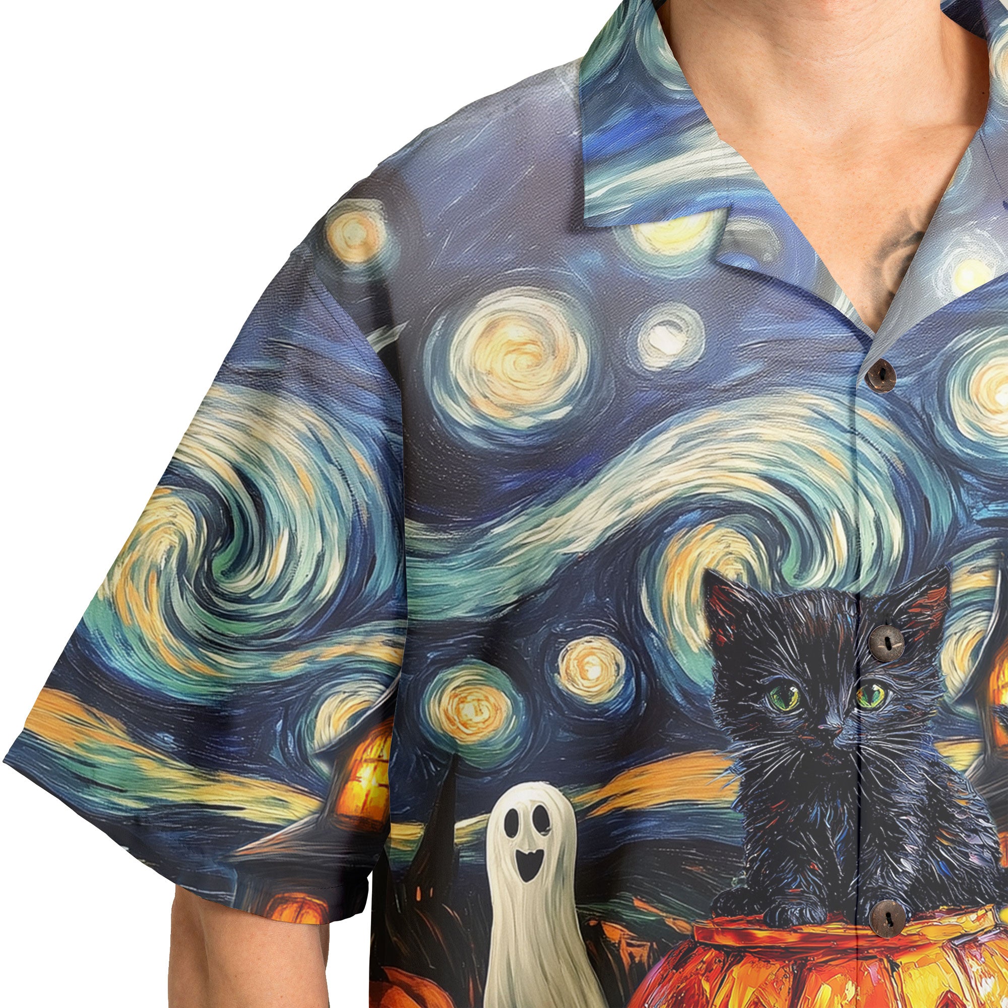 Black Cat Halloween Style Van Gogh Hawaiian Shirt - HYPERFAVOR