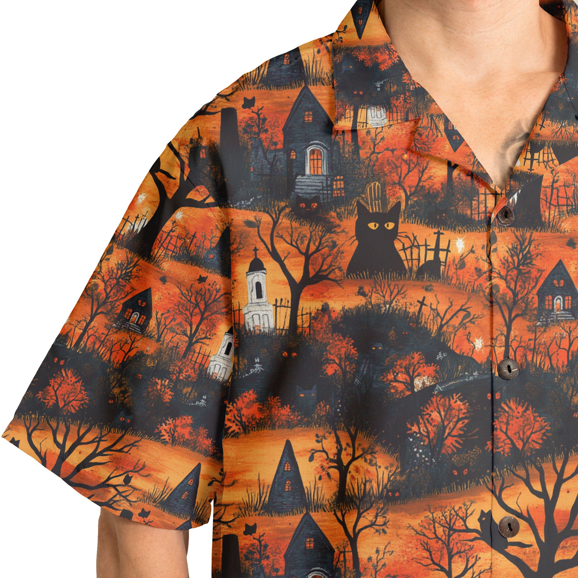 Cat & Castle Silhouette Halloween Pattern Hawaiian Shirt - HYPERFAVOR