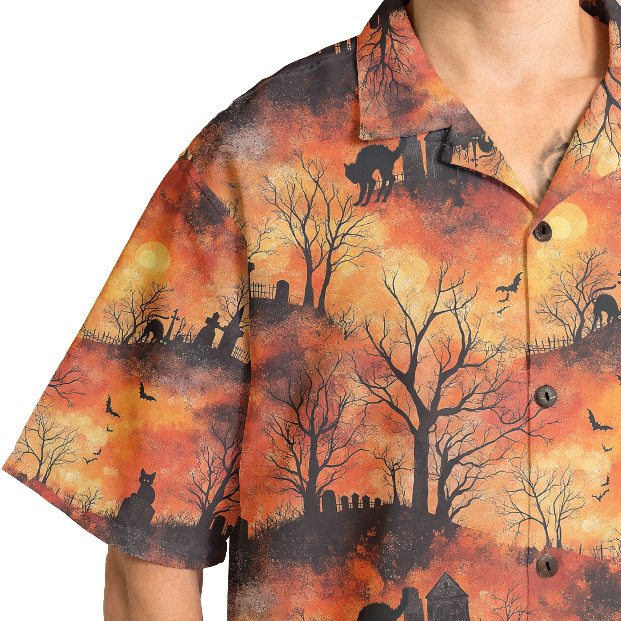 Cat Graveyard Orange Halloween Pattern Hawaiian Shirt - HYPERFAVOR