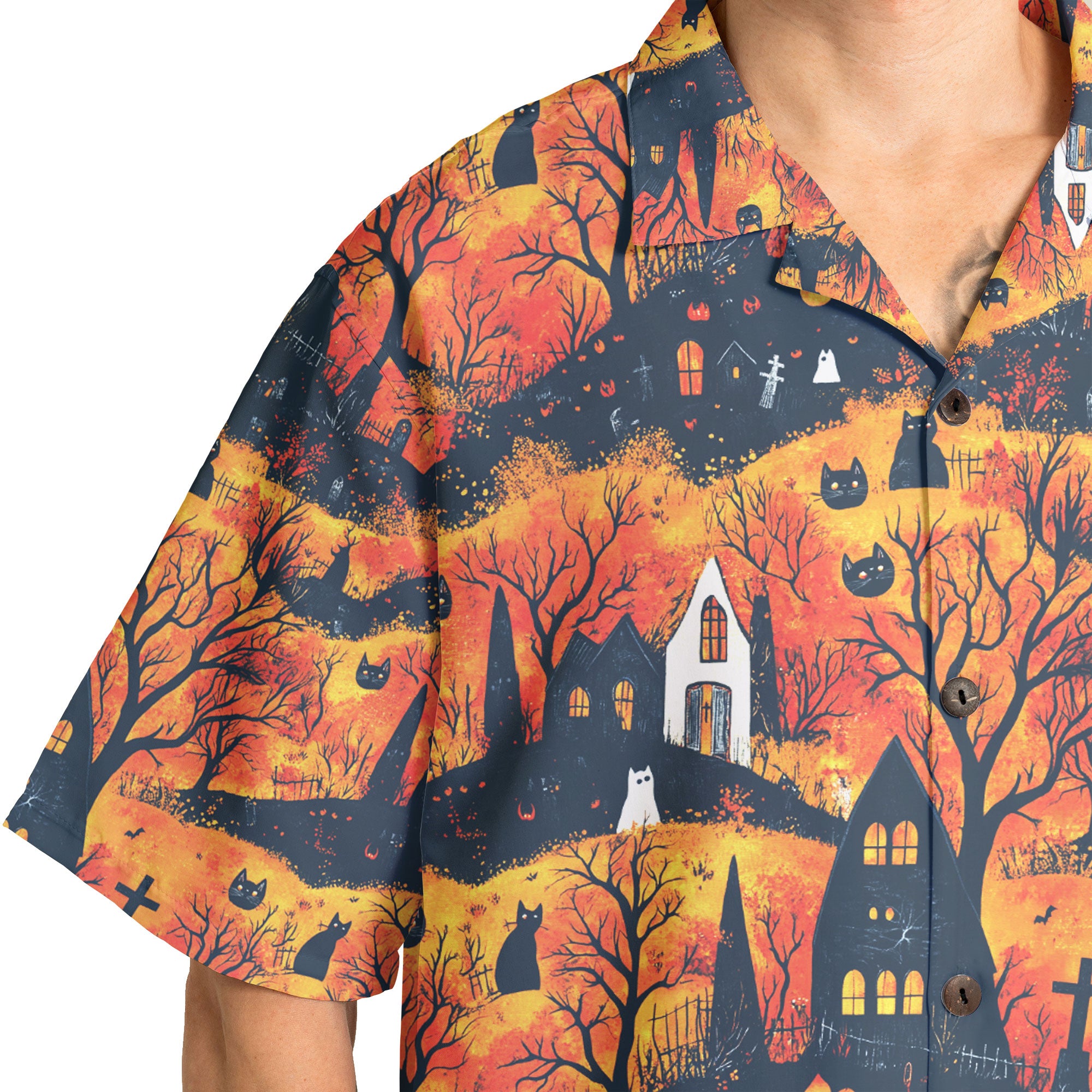 Cat And Castle Silhouette Orange Halloween Hawaiian Shirt - HYPERFAVOR