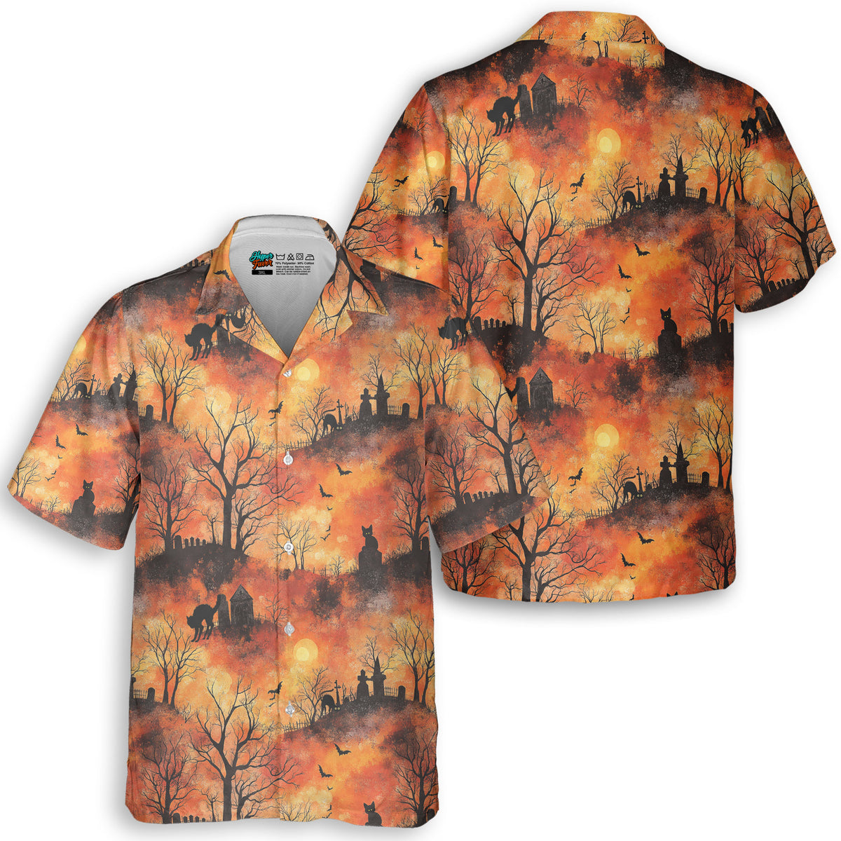 Cat Graveyard Orange Halloween Pattern Hawaiian Shirt - HYPERFAVOR