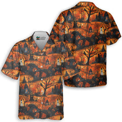 Cat & Castle Silhouette Halloween Pattern Hawaiian Shirt - HYPERFAVOR