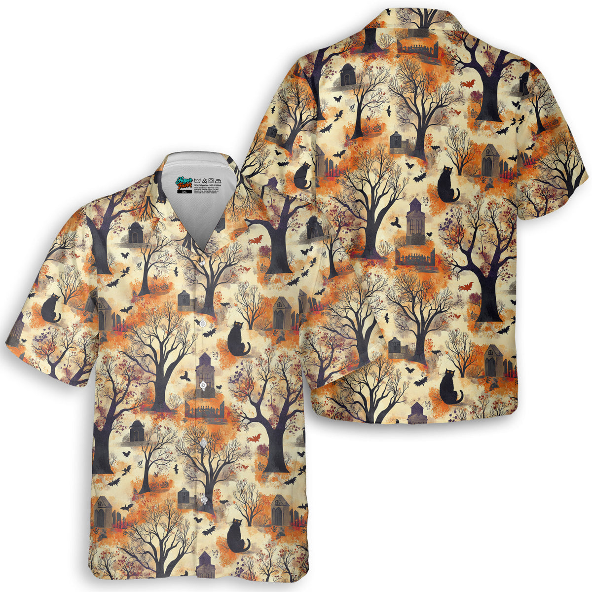 Cat And Graveyard Halloween Pattern Hawaiian Shirt - HYPERFAVOR