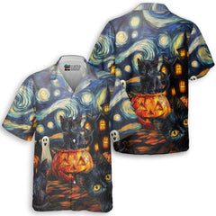 Black Cat Halloween Style Van Gogh Hawaiian Shirt - HYPERFAVOR