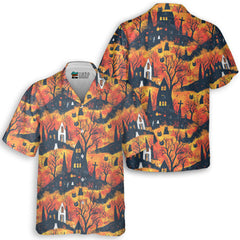 Cat And Castle Silhouette Orange Halloween Hawaiian Shirt - HYPERFAVOR