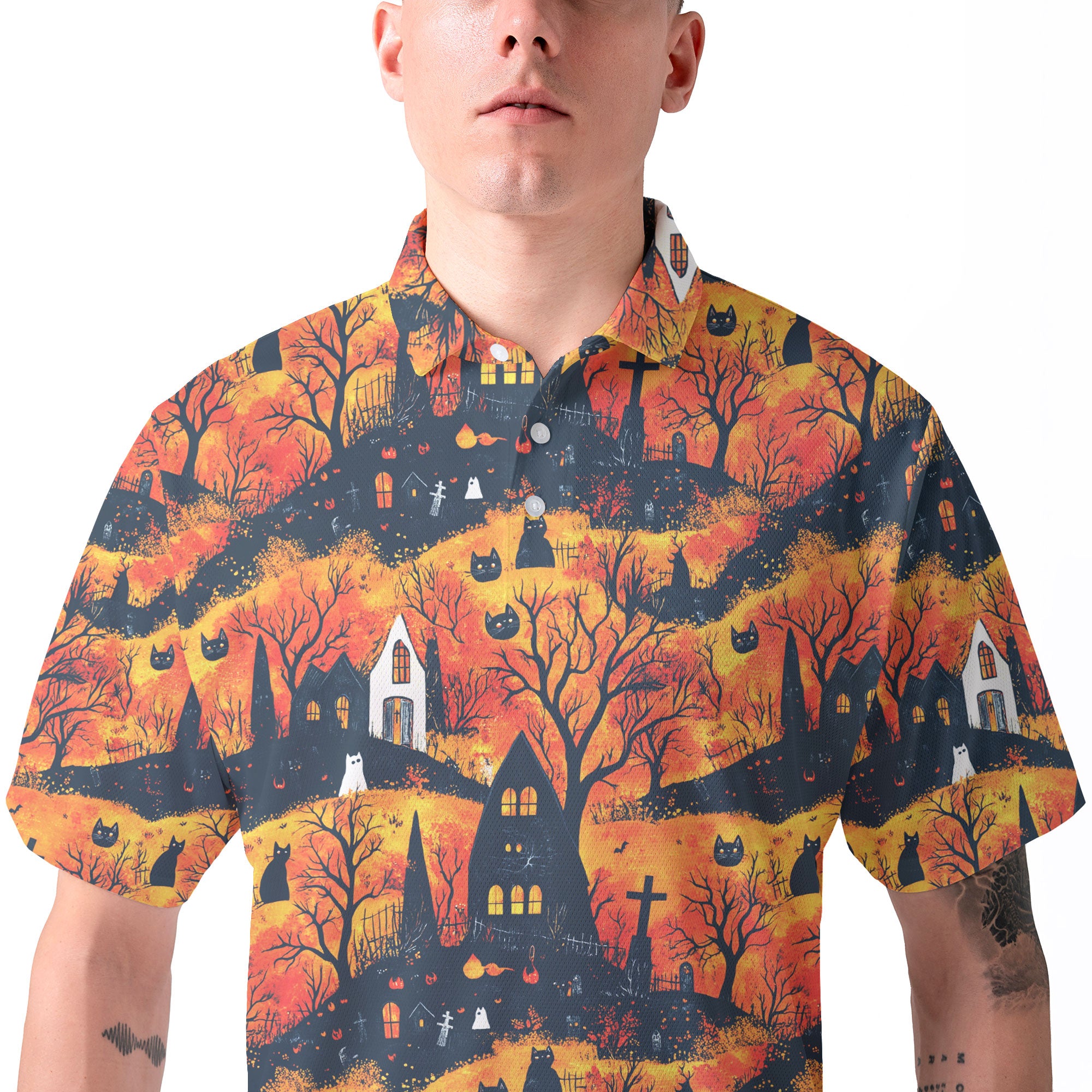 Cat And Castle Silhouette Orange Halloween Polo Shirt - HYPERFAVOR