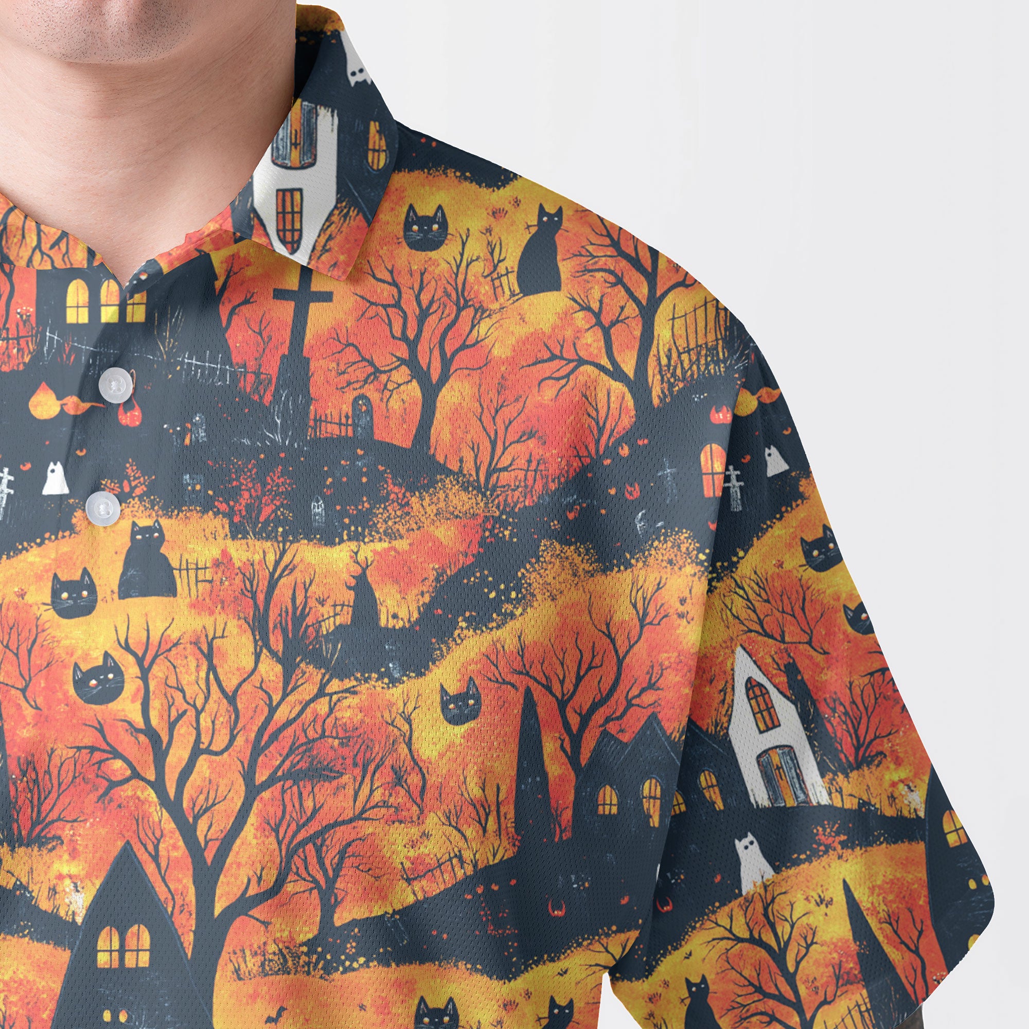 Cat And Castle Silhouette Orange Halloween Polo Shirt - HYPERFAVOR