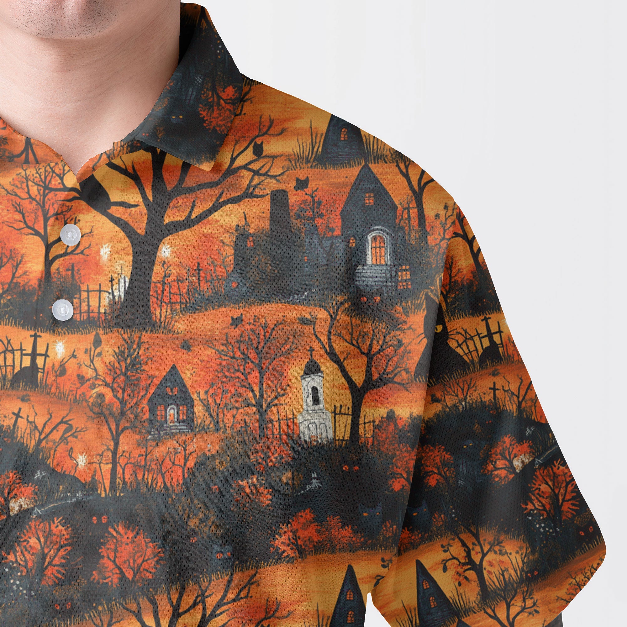 Cat & Castle Silhouette Halloween Pattern Polo Shirt - HYPERFAVOR