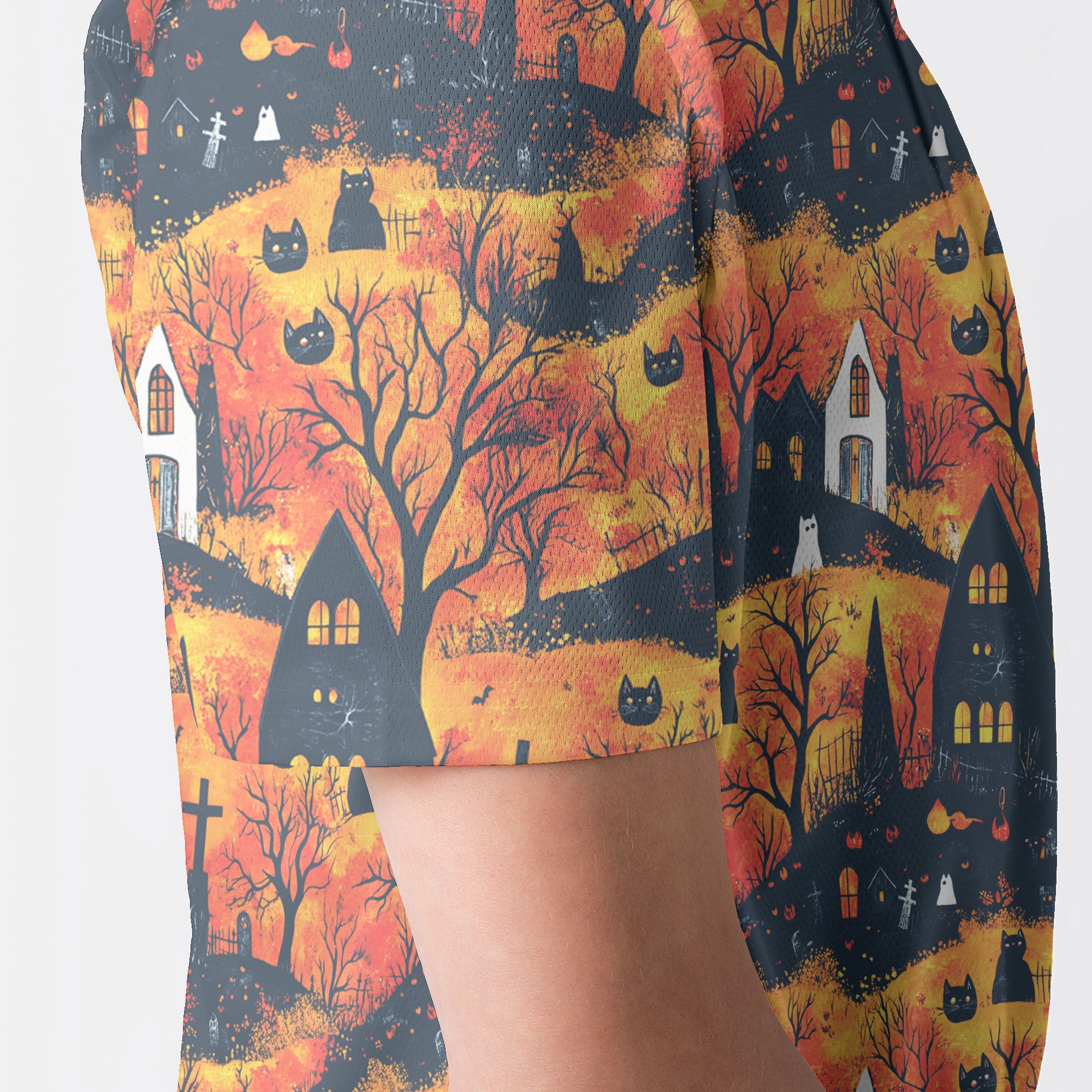 Cat And Castle Silhouette Orange Halloween Polo Shirt - HYPERFAVOR