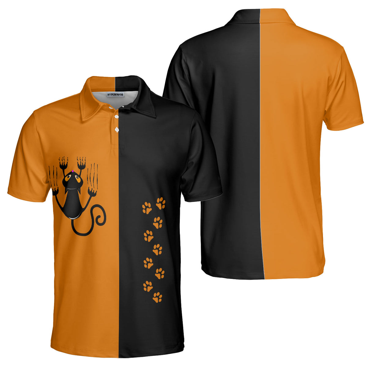 Naughty Cat Pawing Orange Halloween Polo Shirt - HYPERFAVOR