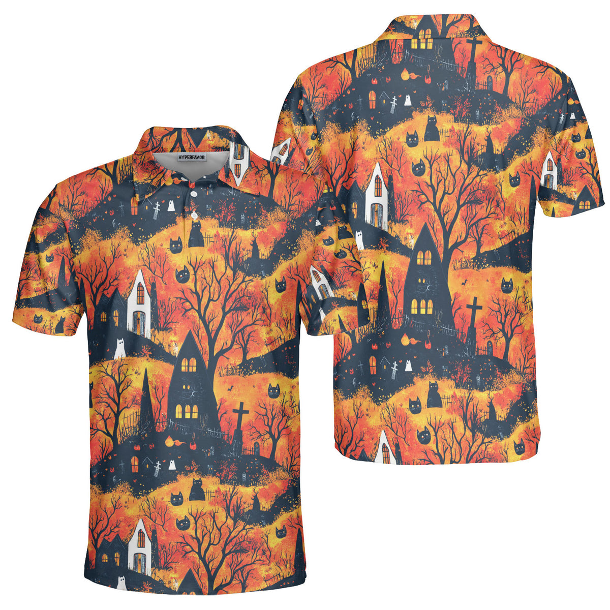 Cat And Castle Silhouette Orange Halloween Polo Shirt - HYPERFAVOR