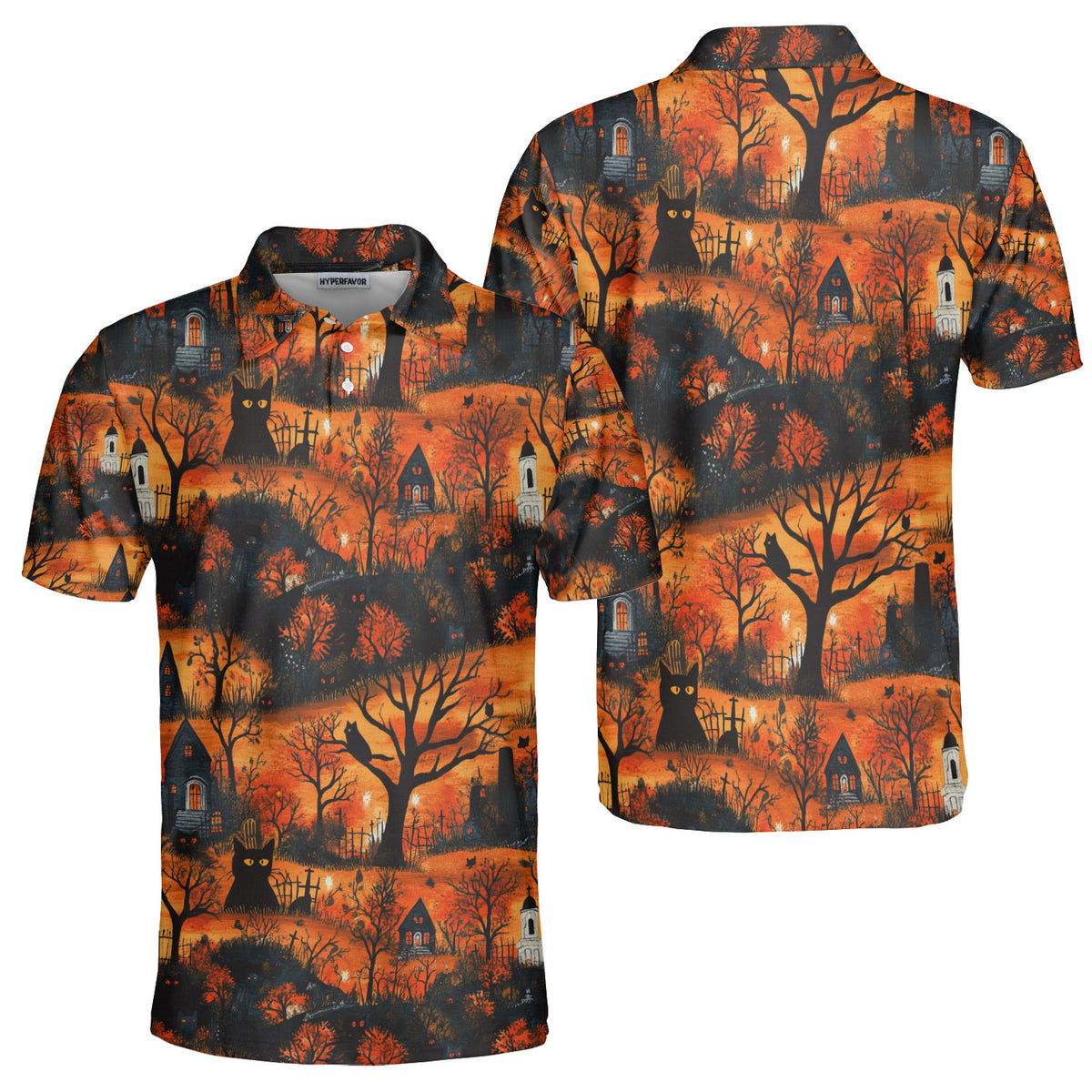 Cat & Castle Silhouette Halloween Pattern Polo Shirt - HYPERFAVOR