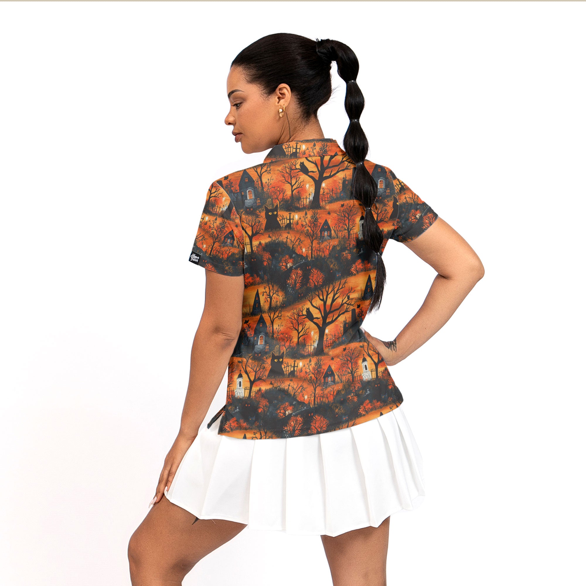 Cat & Castle Silhouette Halloween Pattern Women Polo Shirt - HYPERFAVOR