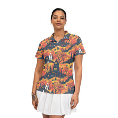 Cat And Castle Silhouette Orange Halloween Women Polo Shirt - HYPERFAVOR