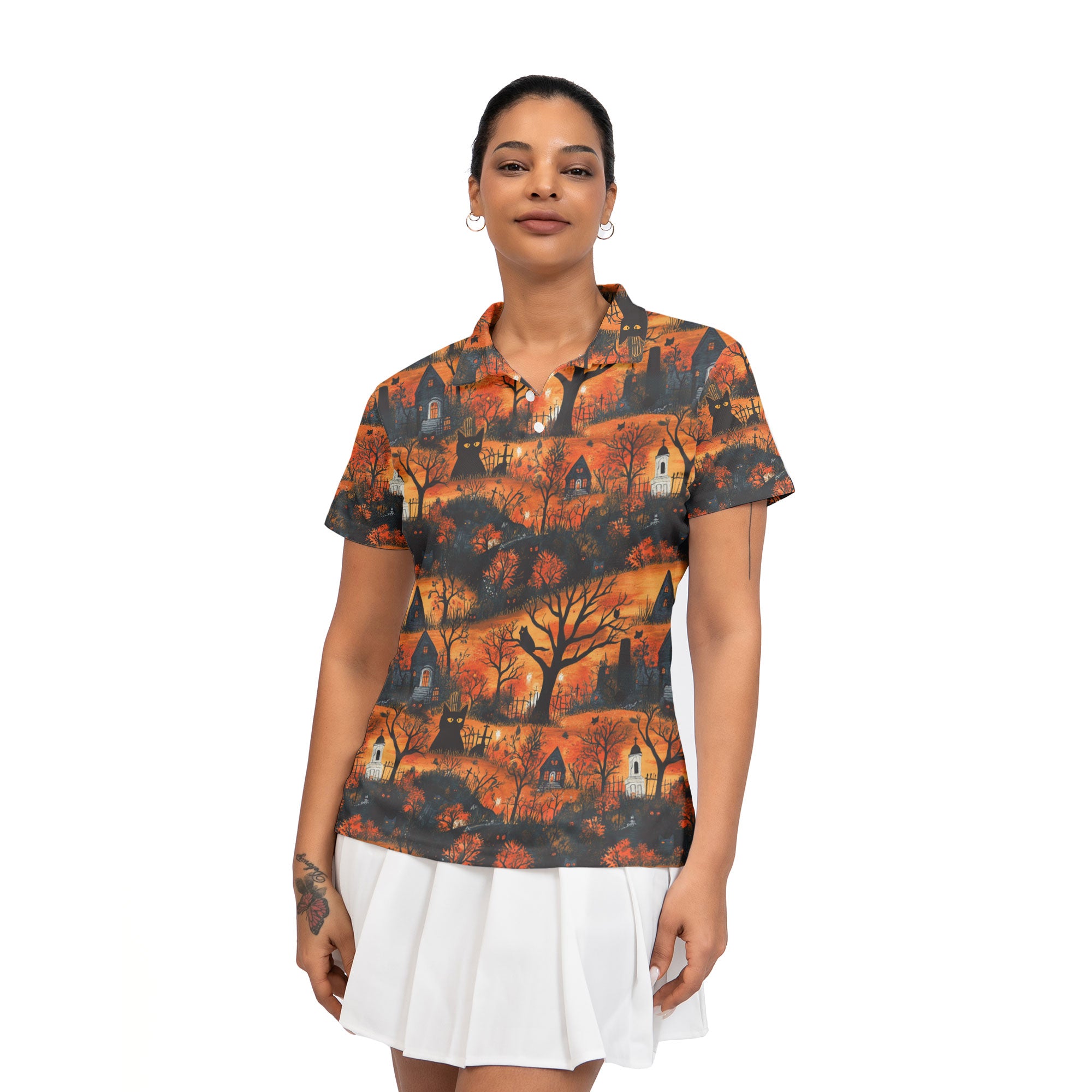 Cat & Castle Silhouette Halloween Pattern Women Polo Shirt - HYPERFAVOR