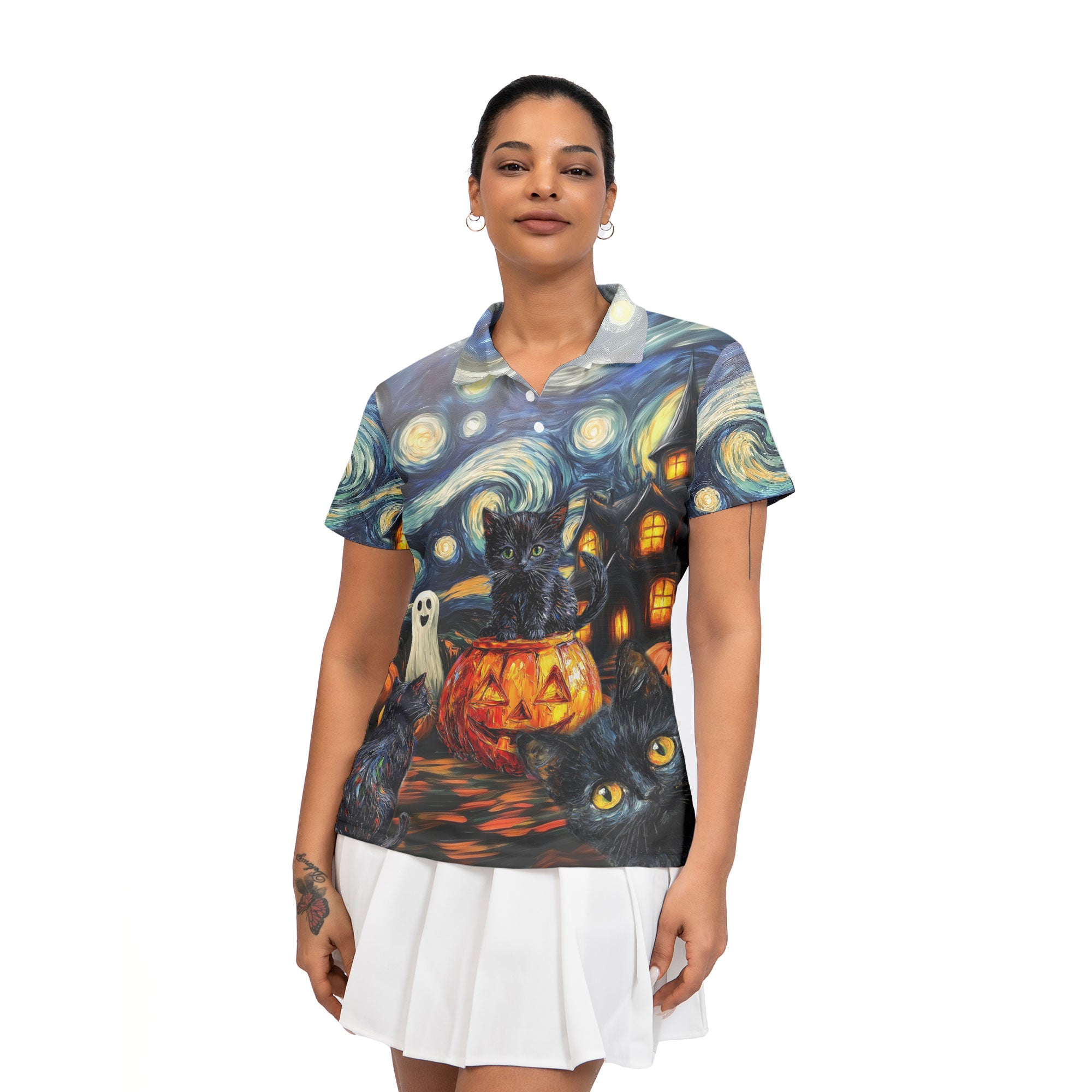 Black Cat Halloween Style Van Gogh Woman Polo Shirt - HYPERFAVOR