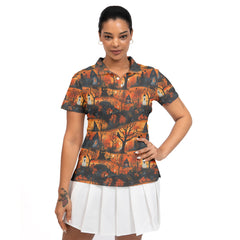 Cat & Castle Silhouette Halloween Pattern Women Polo Shirt - HYPERFAVOR